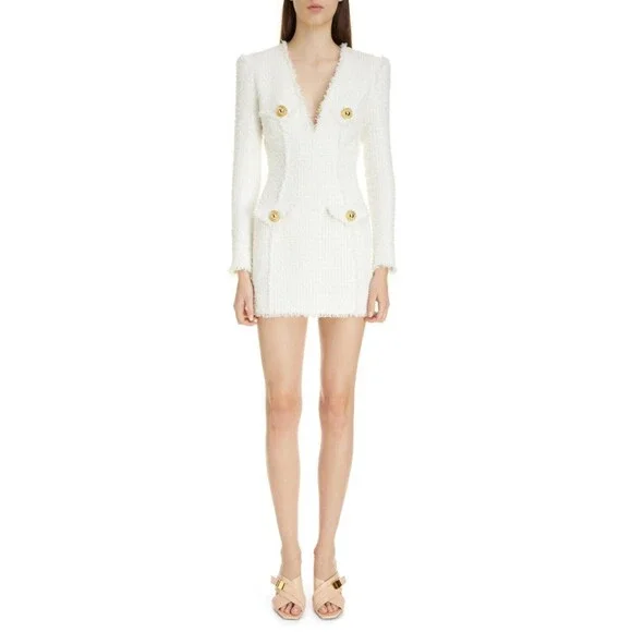 $3150 Balmain Womens Long Sleeve 4-Button Tweed Mini Dress White Size 42 / US 10 - Picture 1 of 6